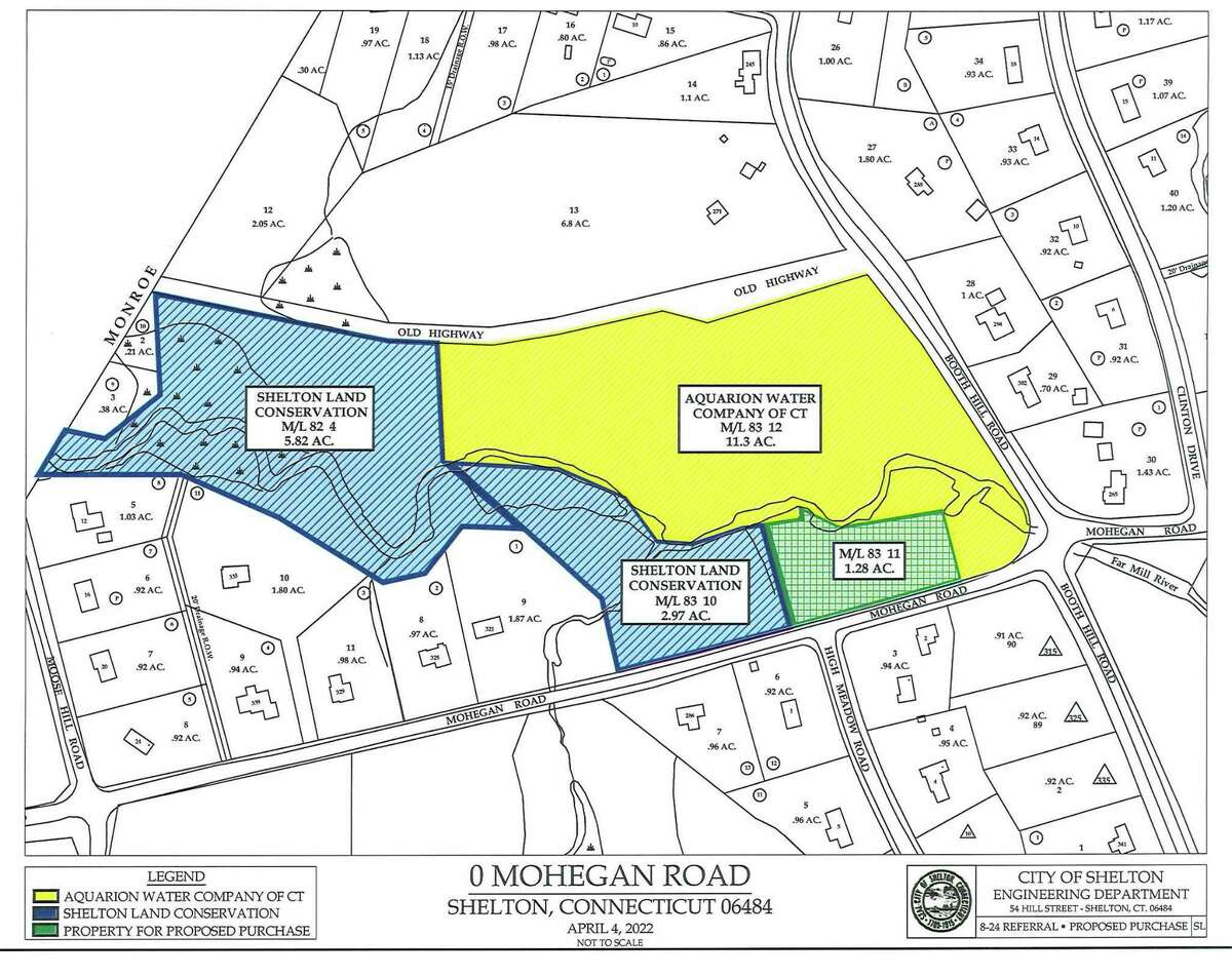 The city of Shelton is purchasing 1.28-acres off Mohegan Road. The area shaded in green is the land being purchased.