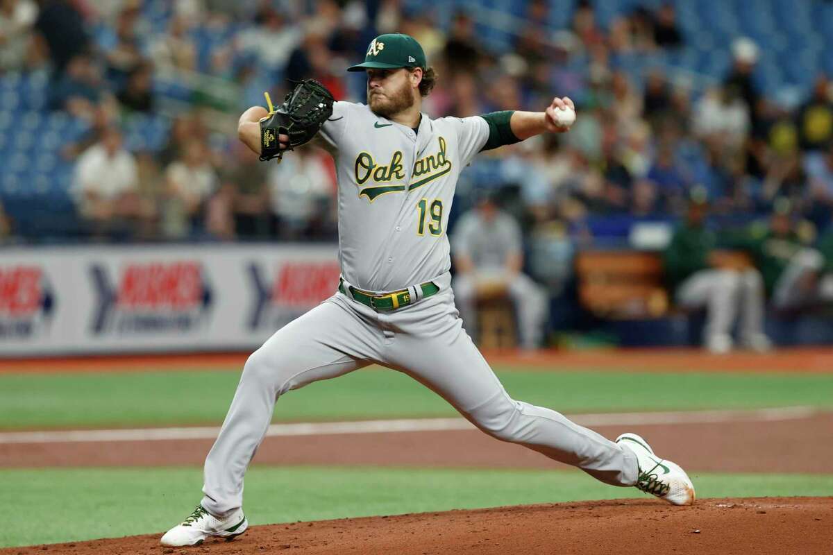 Oakland Athletics starting pitcher Cole Irvin (19) works from the mound against the Tampa Bay Rays during the first inning of a baseball game Thursday, April, 14, 2022, in St. Petersburg, Fla. (AP Photo/Scott Audette)