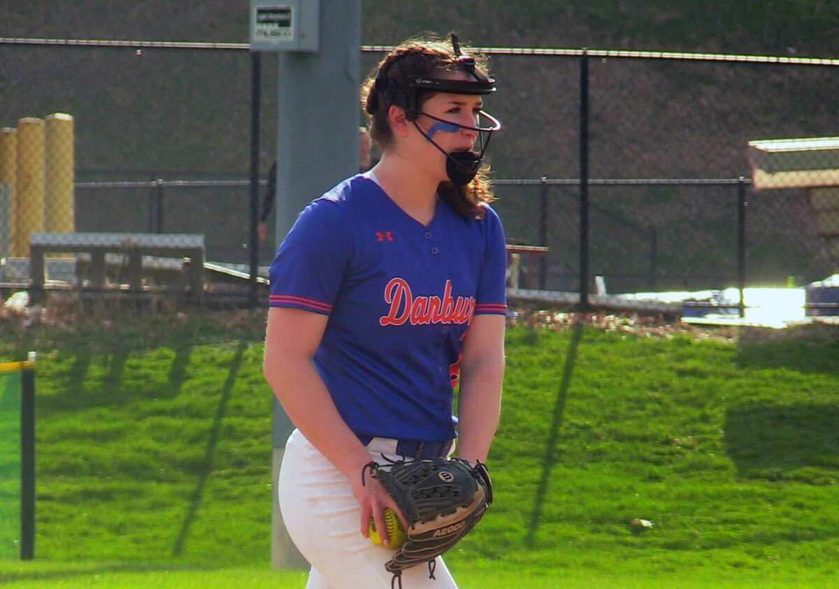 Danbury softball pitcher Haley Pucci in action against New Canaan on April 14, 2022 in Danbury, Conn.