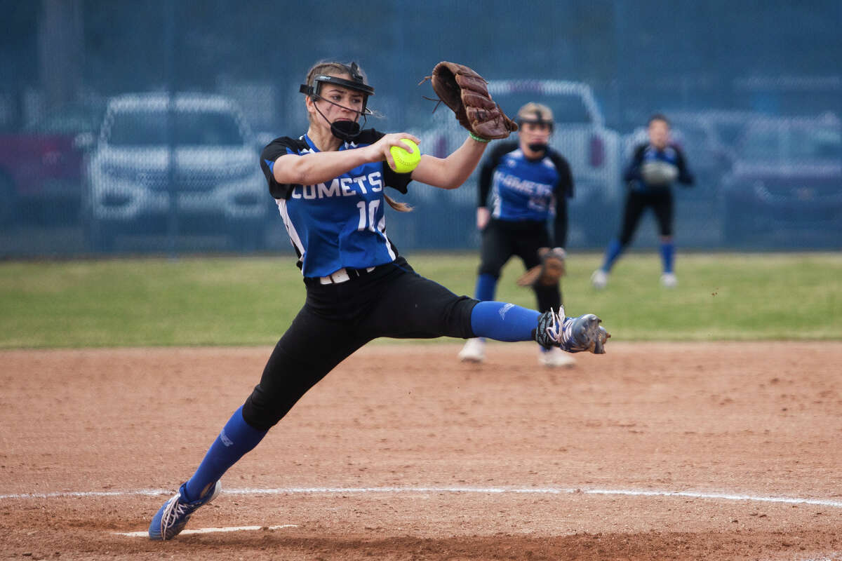 Coleman's Maddy Miller throws out a pitch during a game against Meridian Thursday, April 14, 2022 at Meridian Early College High School.
