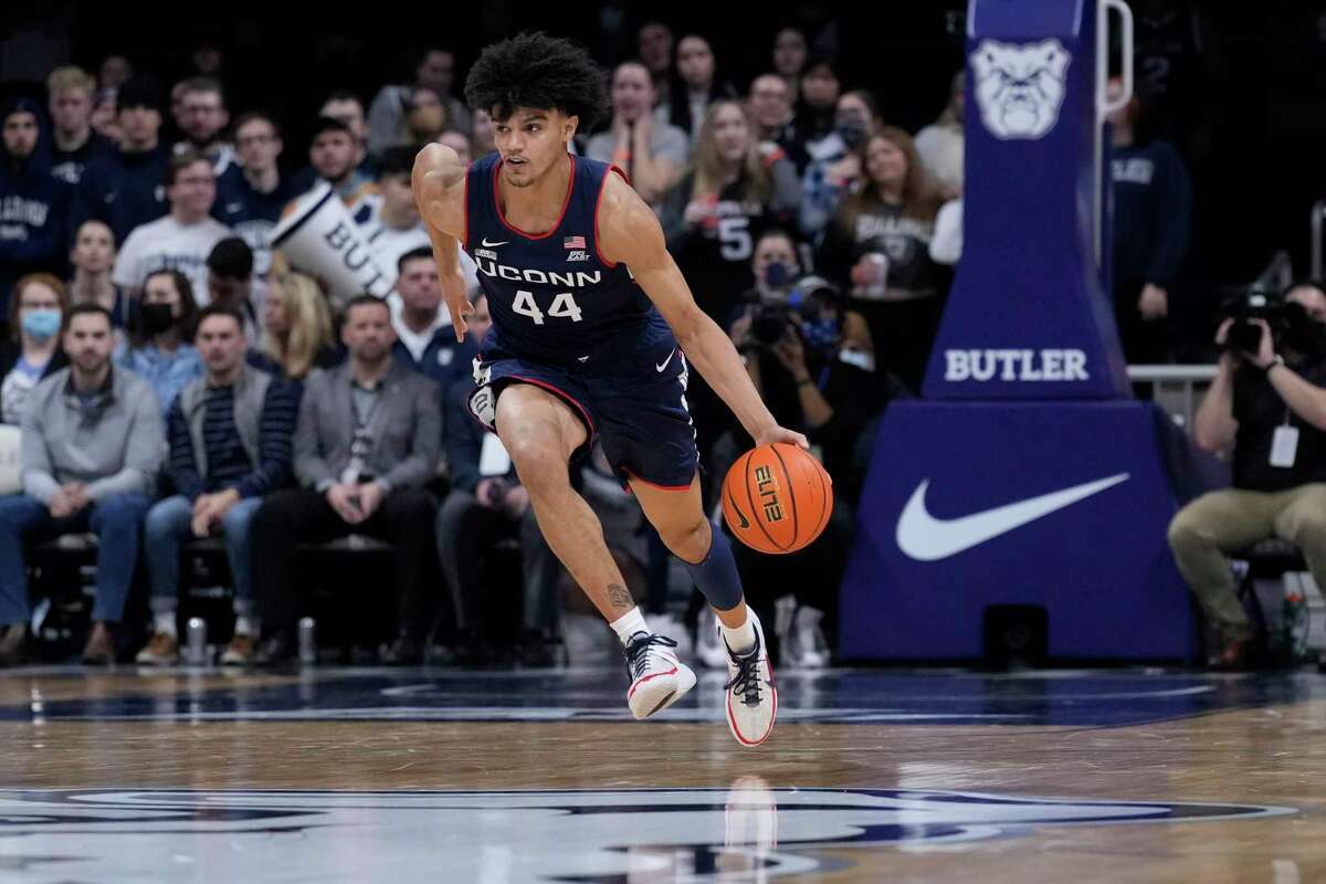 UConn guard Andre Jackson (44) in action during an NCAA college basketball game between UConn and Butler in Indianapolis, Thursday, Jan. 20, 2022. UConn won 75-56. (AP Photo/AJ Mast)