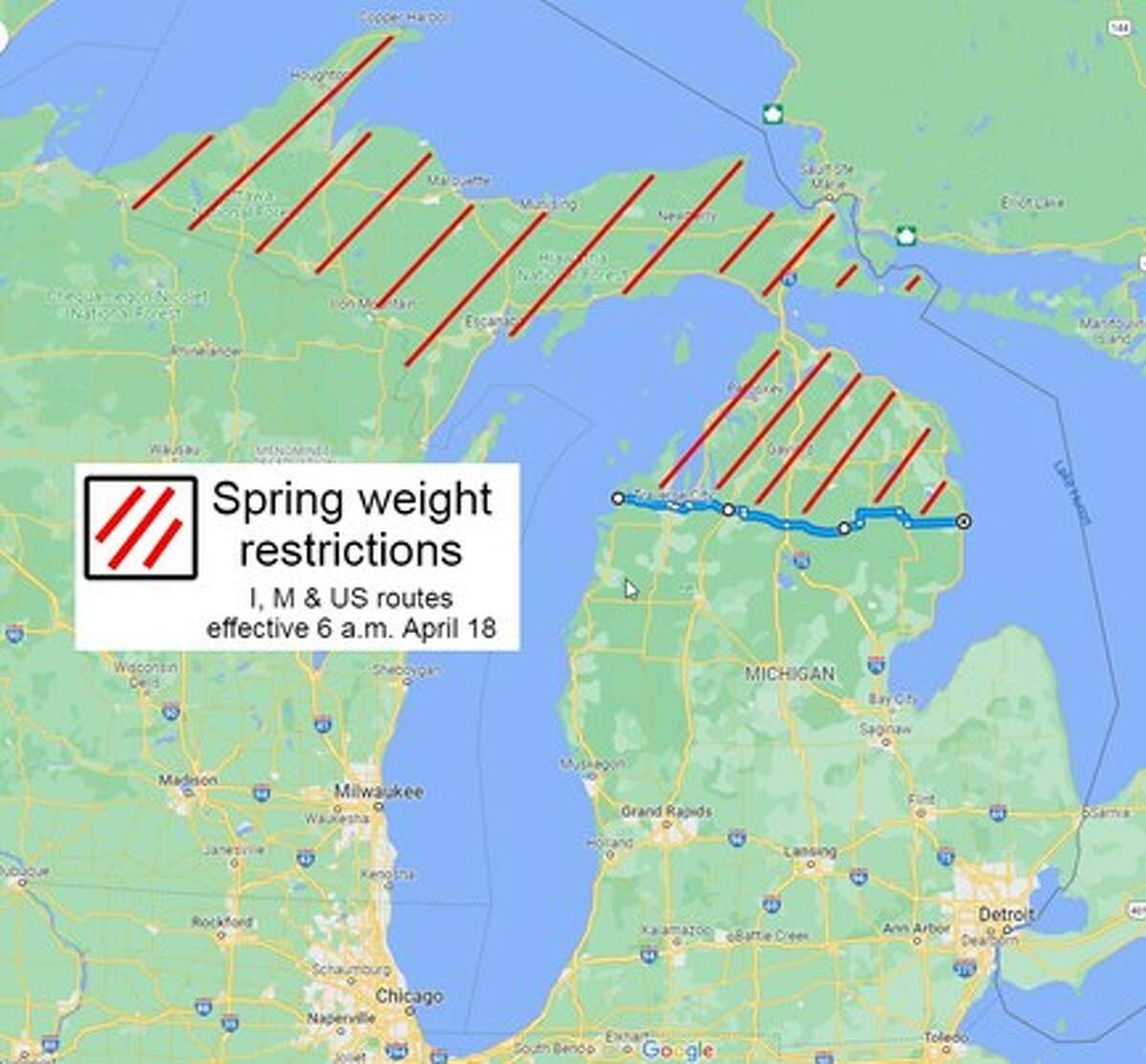 This MDOT map shows where its seasonal weight restrictions on roads will still be in place on Monday, entirely in the northern parts of the state. Its restrictions in Huron County, along with the Huron County Road Commission's, will be lifted on Monday morning.