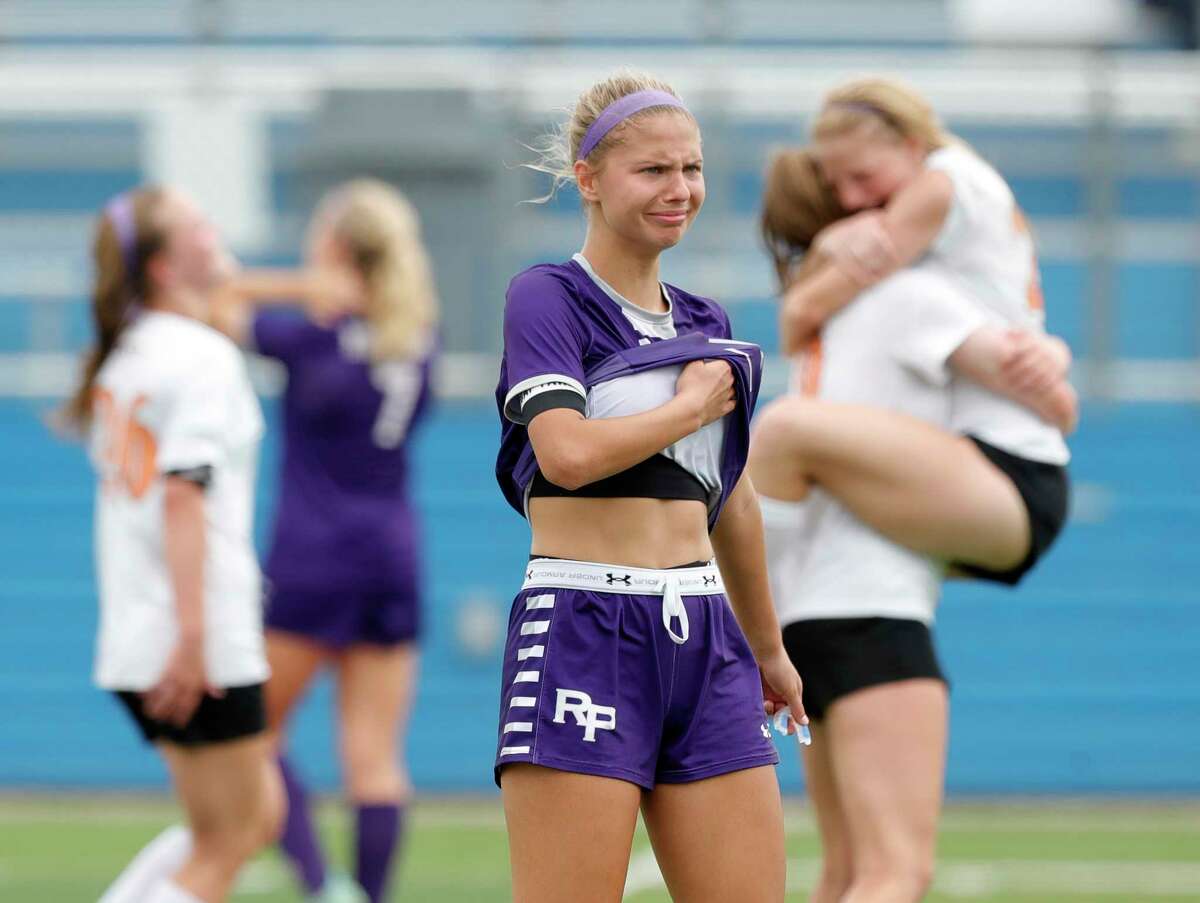 Fort Bend Ridge Point forward Hannah Warnken (3) reacts after after losing to Rockwall 4-2 in double overtime of a Class 6A girls state semifinal match during the UIL State Soccer Championships, Friday, April 15, 2022, in Georgetown.
