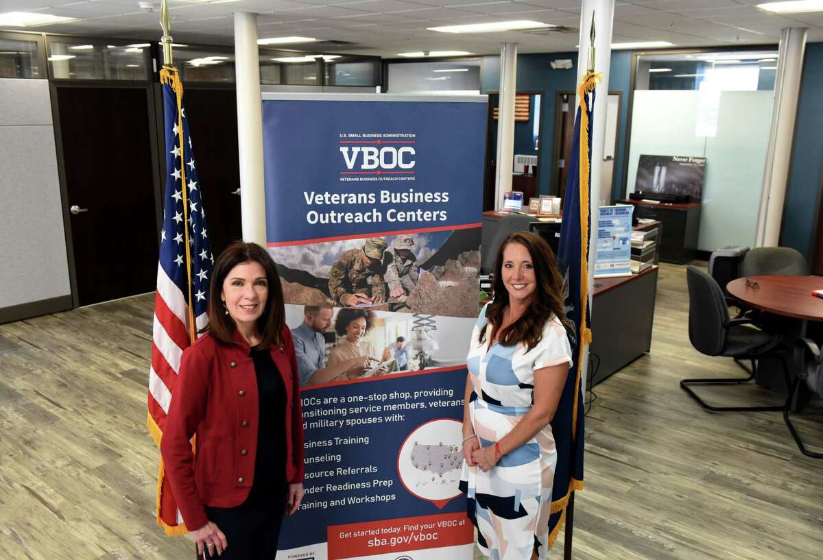 McNulty Veterans Business Center Executive Director Kathy Caruso, left, and Amy Amoroso, director, right, stand for a photo at the McNulty Veterans Business Center offices on Friday, April 15, 2022, at the Watervliet Arsenal in Watervliet, N.Y. The center was honored by the Small Business Administration for being an outstanding resource partner. It offers business training and workshops for veterans.