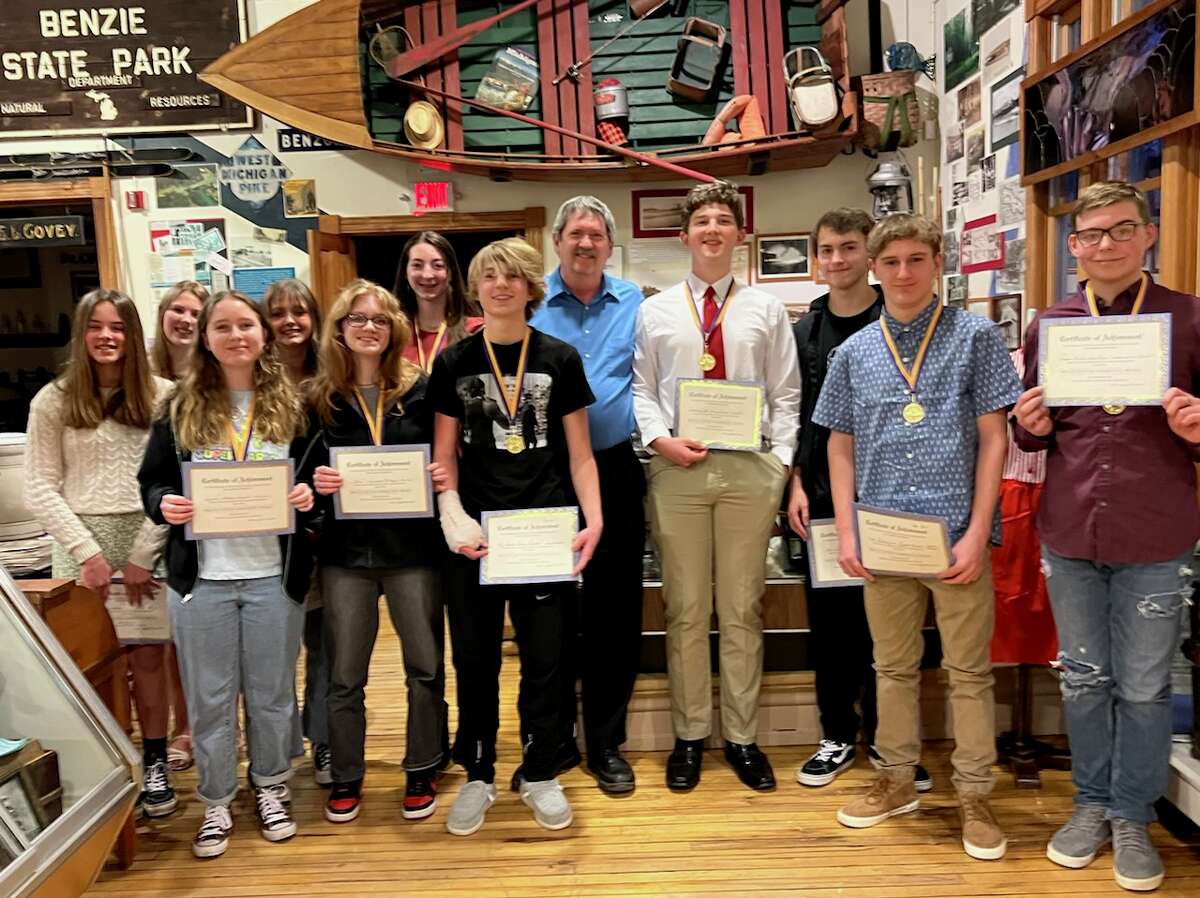 The top 10 student essay writers (and several classmates) from Frankfort High School for the Bruce Catton essay contest, with history teacher Dave Jackson. 