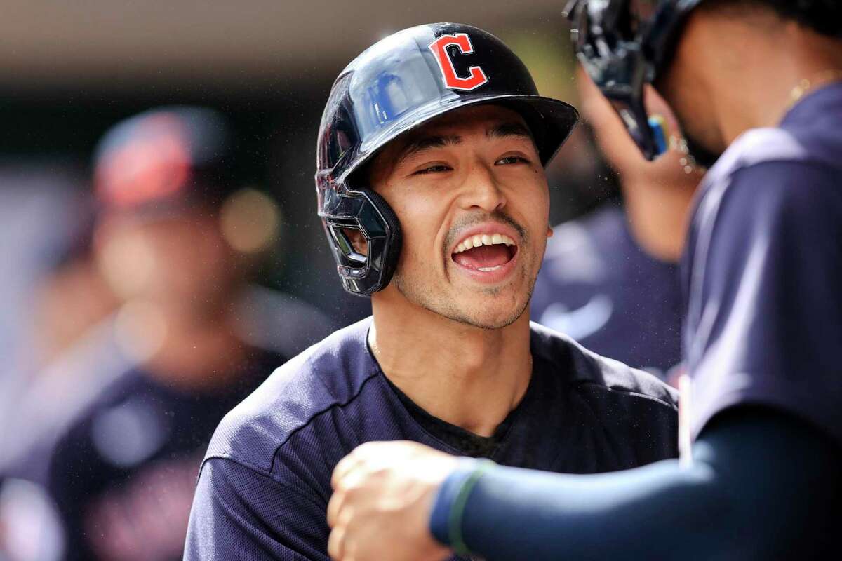 A Giants fan at heart, Fremont’s Steven Kwan off to sizzling start for Guardians. Cleveland Guardians' Steven Kwan reacts with teammates during a baseball game against the Cincinnati Reds in Cincinnati, Tuesday, April 12, 2022. The Guardians won 10-5. (AP Photo/Aaron Doster)