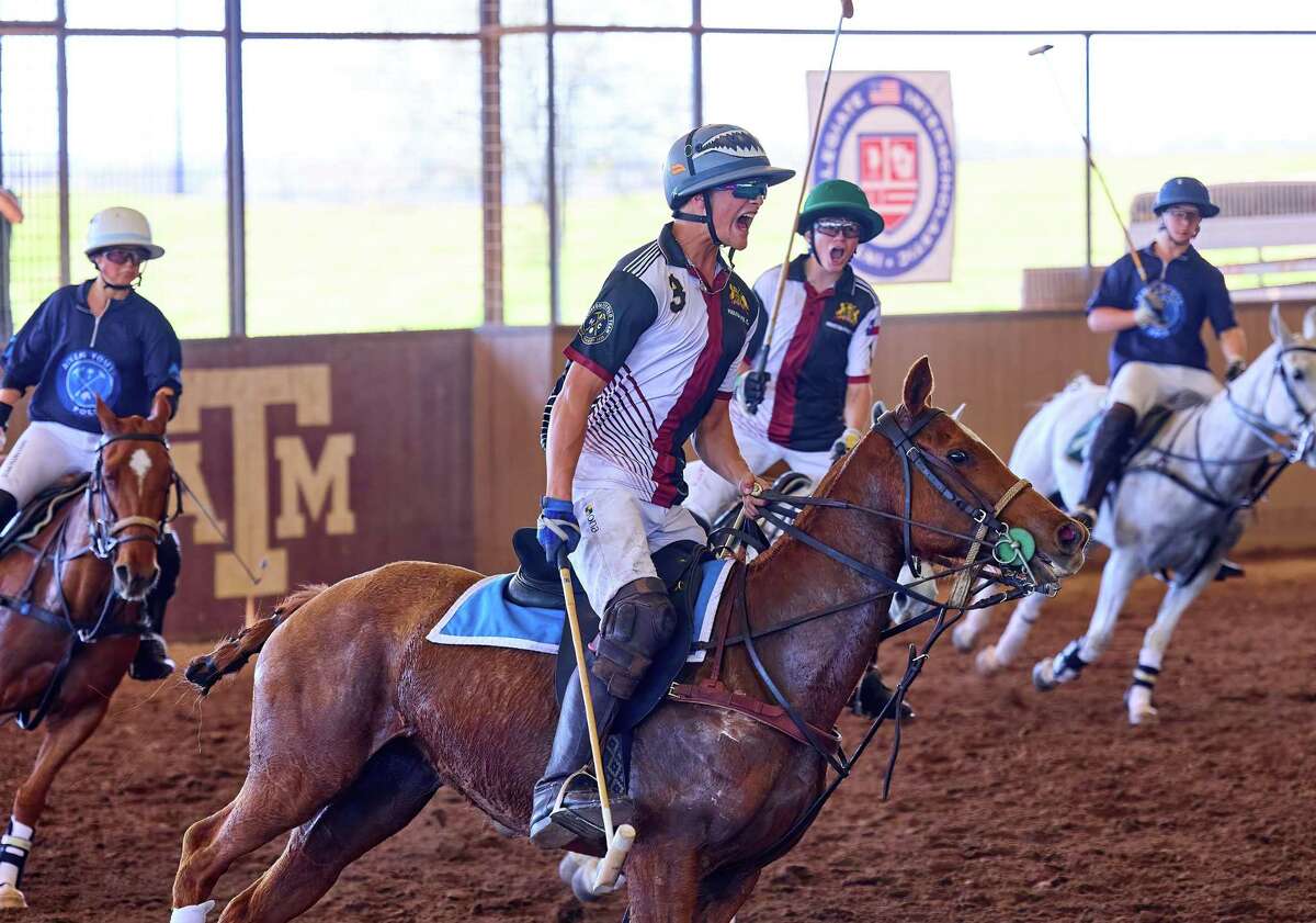 Lance Stefanakis following his final goal to cement the victory for Houston Polo Club in the 2022 Open National Interscholastic Championship Final, March 20 at Brookshire Polo Club.