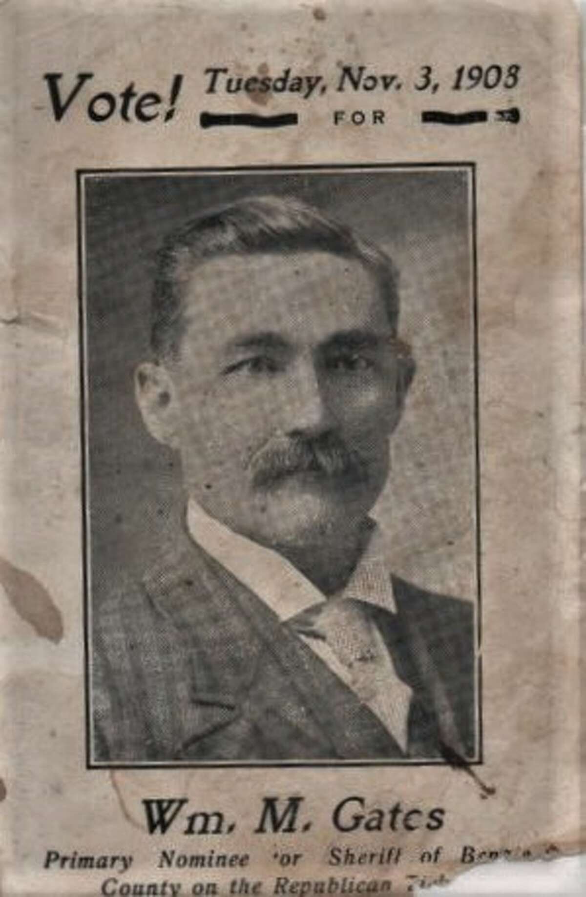Political ad for William Gates in 1903. He won and served as sheriff of Benzie county until 1920, when he was succeeded by his wife as sheriff.