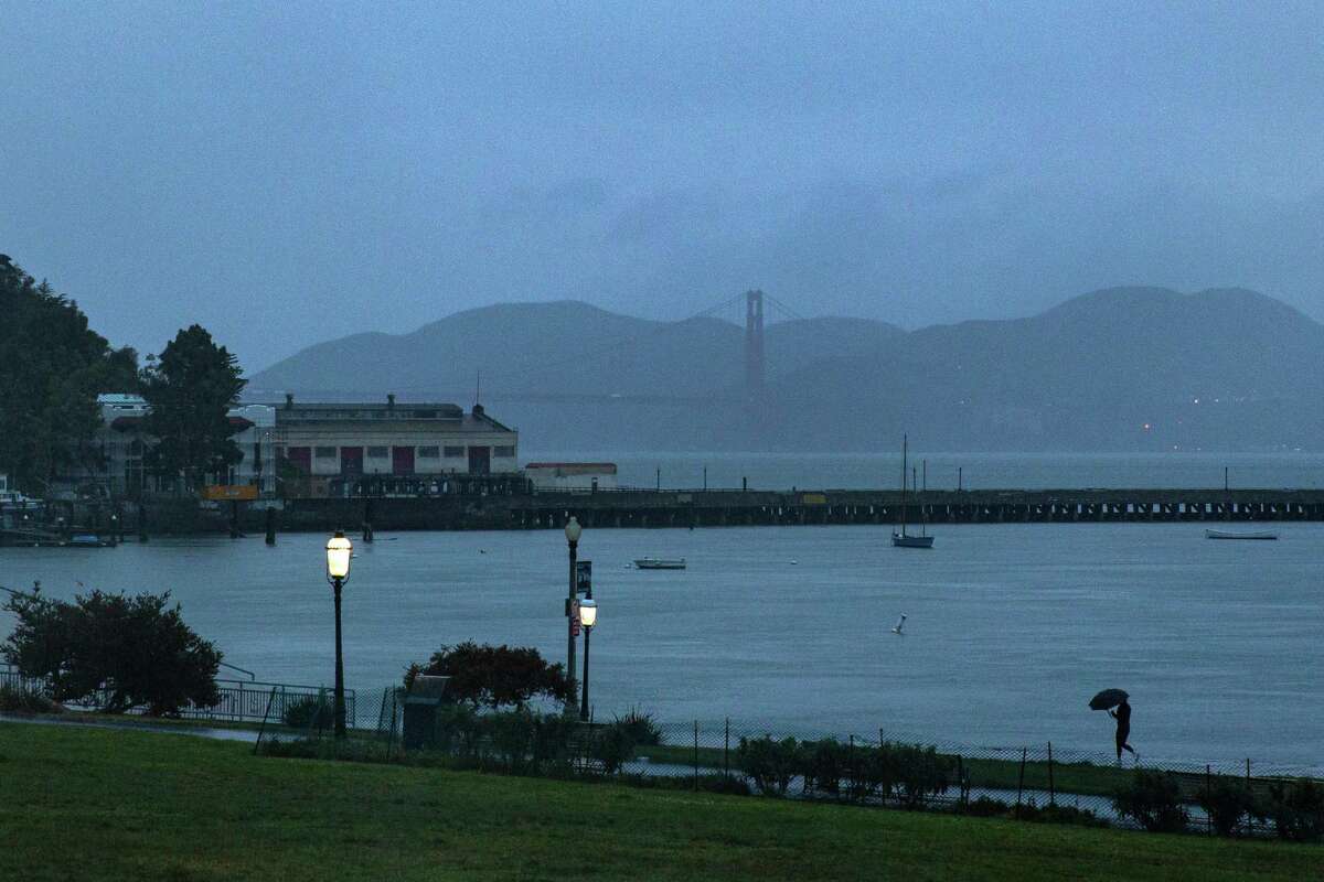 A misty March scene at Aquatic Park in San Francisco. The Bay Area is likely to experience bursts of alternating rain showers and sunshine for more than a week.