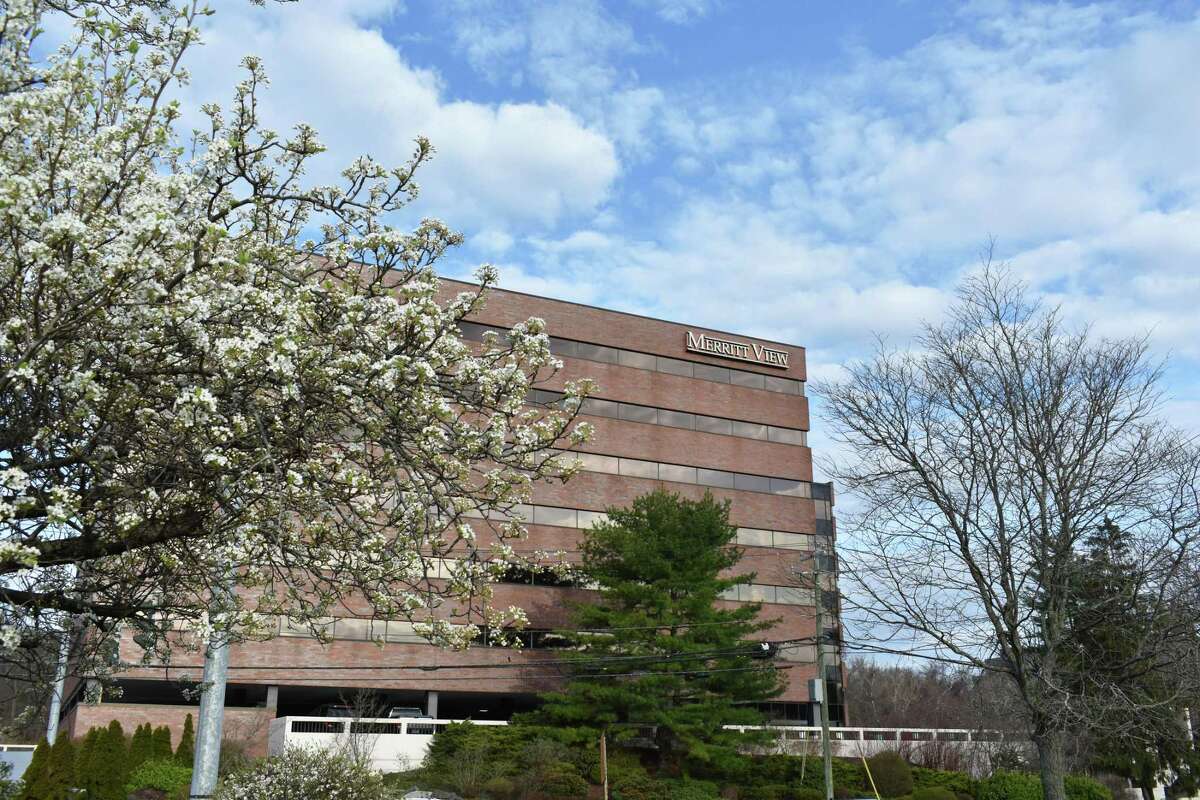 The Main Avenue facade of the MerrittView office building just off the Merritt Parkway in Norwalk, Conn., in April 2022.