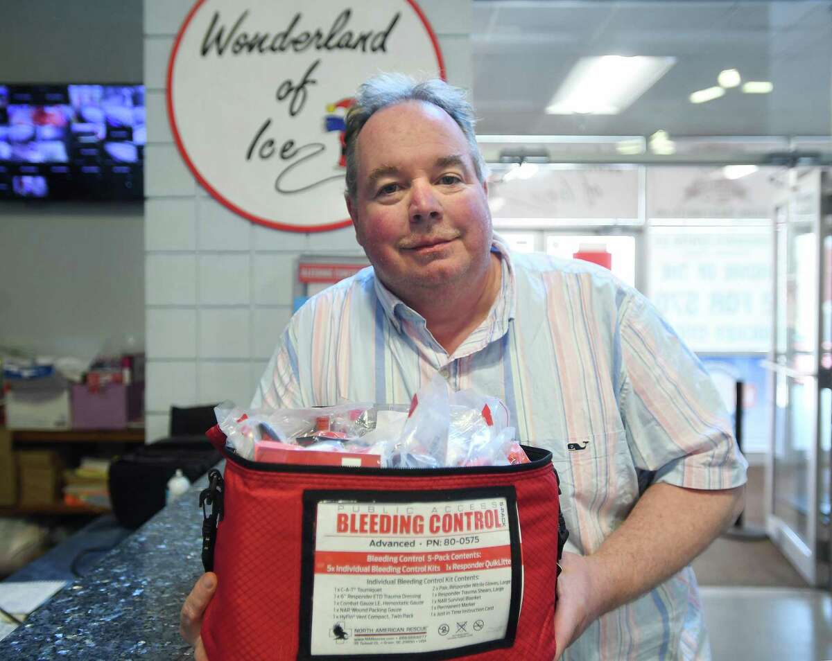 John Ferguson and his staff were trained and certified in the use of a bleeding control kit donated by Bridgeport Hospital to the Wonderland of Ice in Bridgeport, Conn., on Thursday, April 14, 2022. Rinks are being equipped and trained in using the kits after the tragic death of teen hockey player Teddy Balkind.