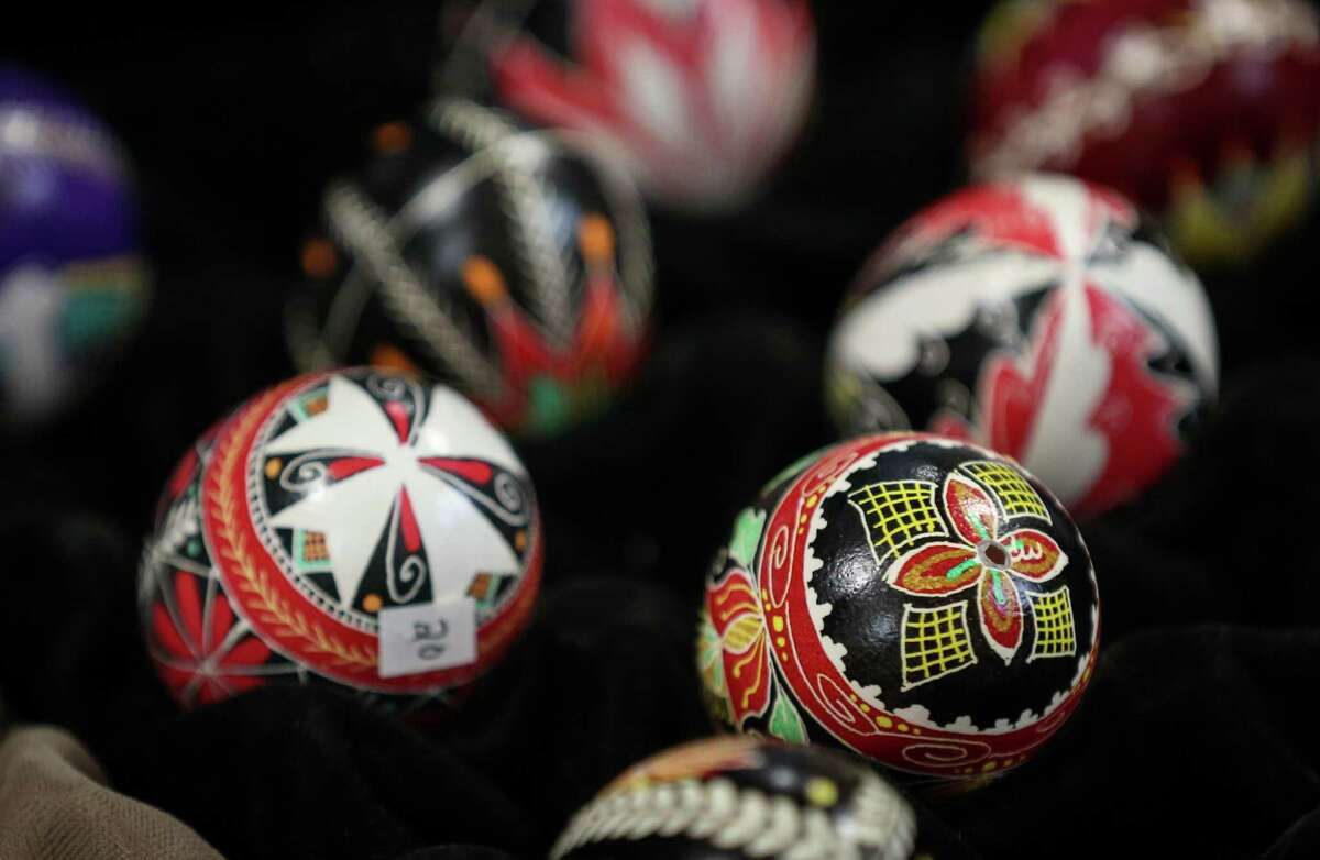 Decorated Pysanky eggs are displayed during a Ukrainian Easter Bazaar on Sunday, April 10, 2022, at Pokrova Ukrainian Catholic Church in Houston. The eggs were created by Dottie Williams.