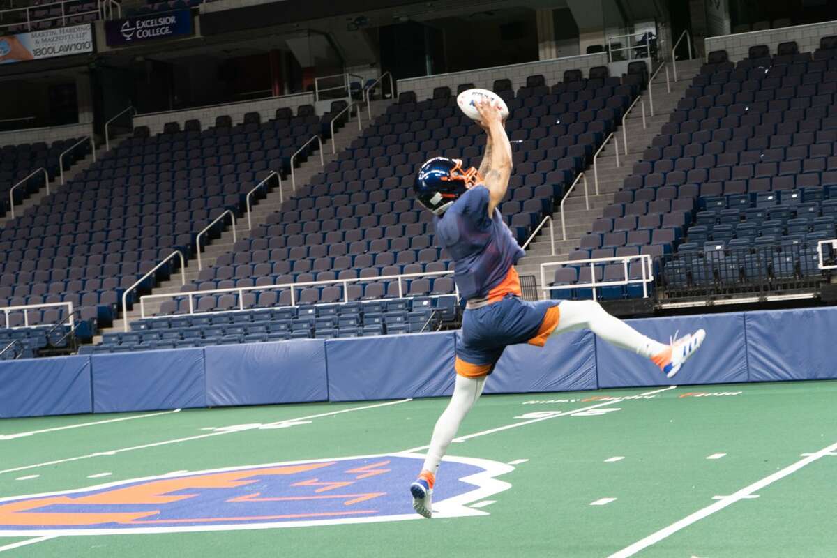 Wide receiver Koree Reed makes a catch during Albany Empire practice at MVP Arena.