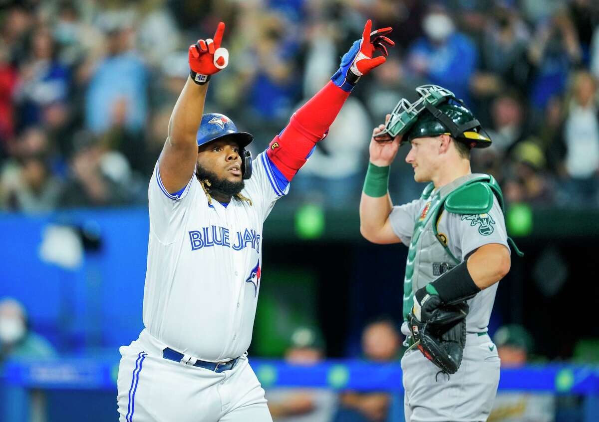 Toronto’s Vladimir Guerrero Jr. celebrates a first-inning home run in an at-bat that began with an 0-2 count for him.