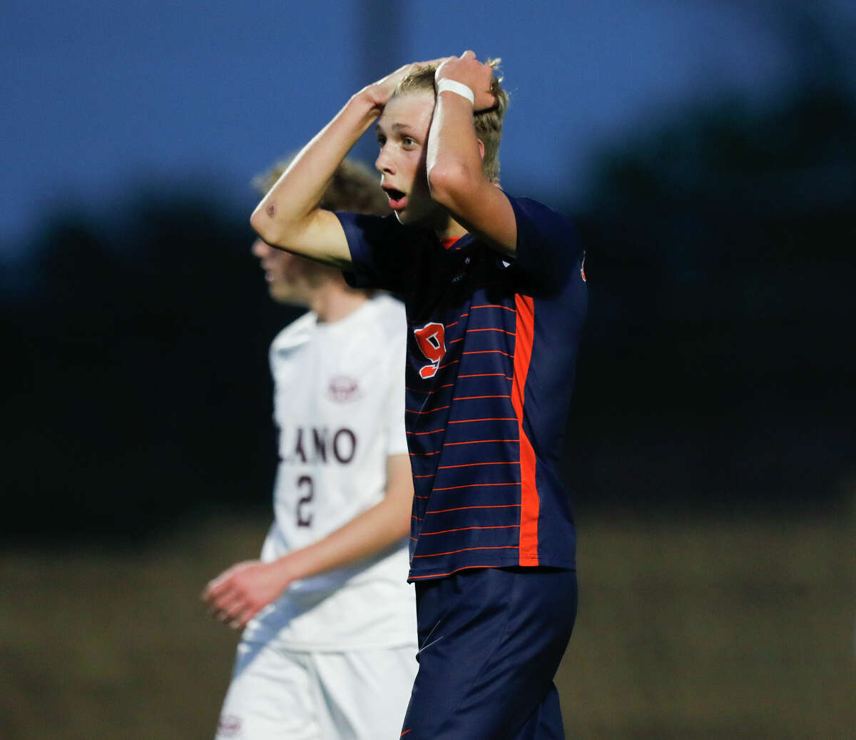 Seven Lakes forward Hunter Merritt (9) reacts after missing a shot on goal in the first half of a Class 6A boys state semifinal match during the UIL State Soccer Championships, Friday, April 15, 2022, in Georgetown.