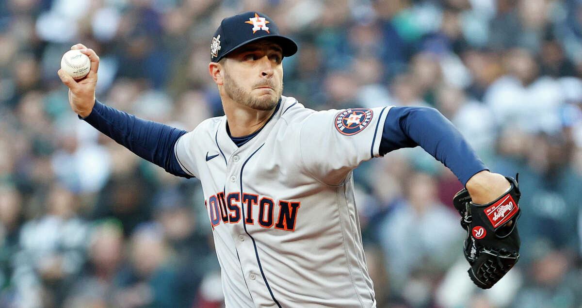 Jake Odorizzi #17 of the Houston Astros pitches during the first inning against the Seattle Mariners at T-Mobile Park on April 15, 2022 in Seattle, Washington. All players are wearing the number 42 in honor of Jackie Robinson Day. (Photo by Steph Chambers/Getty Images)