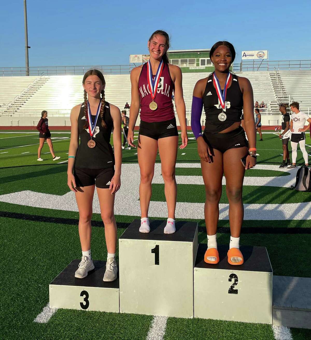 Magnolia's Whitney Harper set the school record in 100-meter hurdles to win gold at the District 19-5A track meet on Wednesday April 13, 2022 in Brenham.