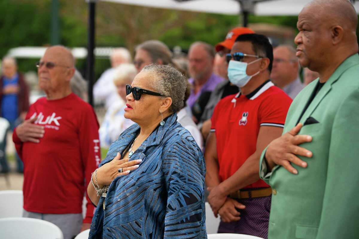 People say the Pledge of Allegiance during a ceremony commemorating the 75th anniversary of the Texas City Disaster, the deadliest industrial accident in United States history, Saturday, April 16, 2022, at Memorial Park in Texas City.