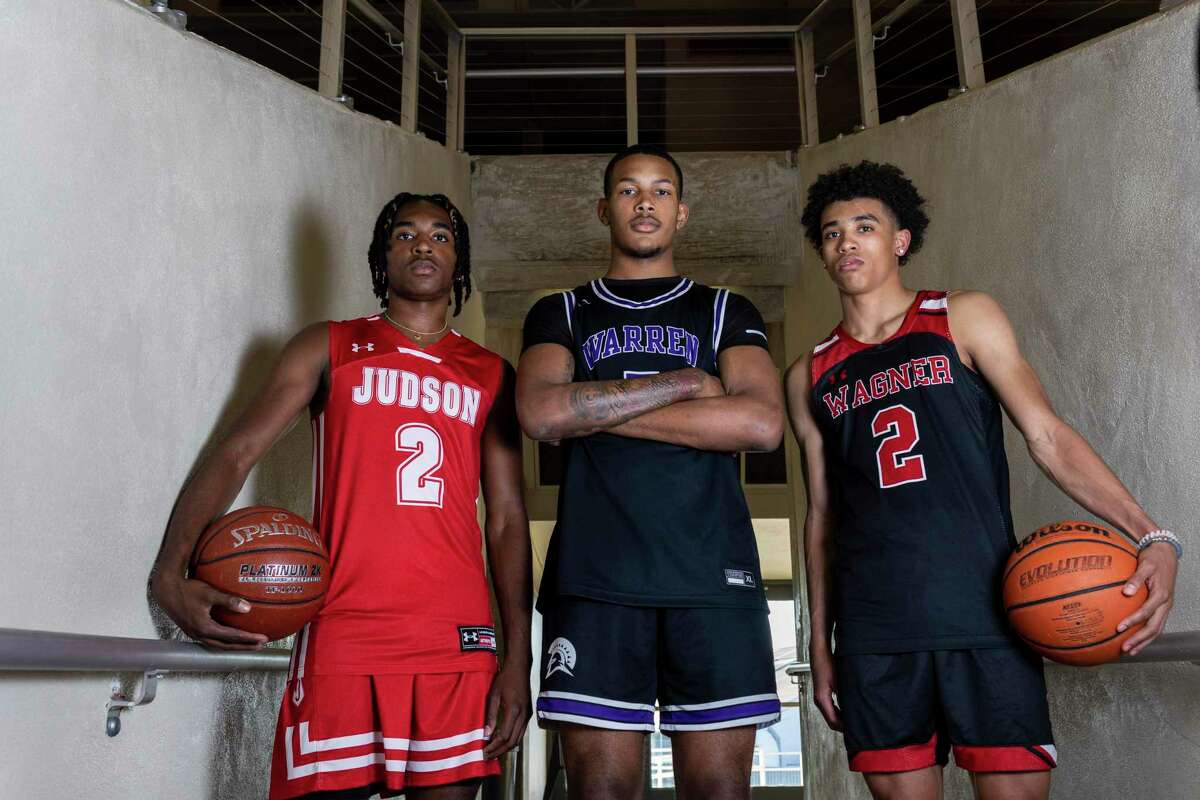 Player of the Year finalists (from left) Judson’s Anariss Brandon, Warren's Jaylen Crocker-Johnson and Wagner’s Austin Nunez are pictured at Paul Taylor Field House in San Antonio, Texas, on April 12, 2022.