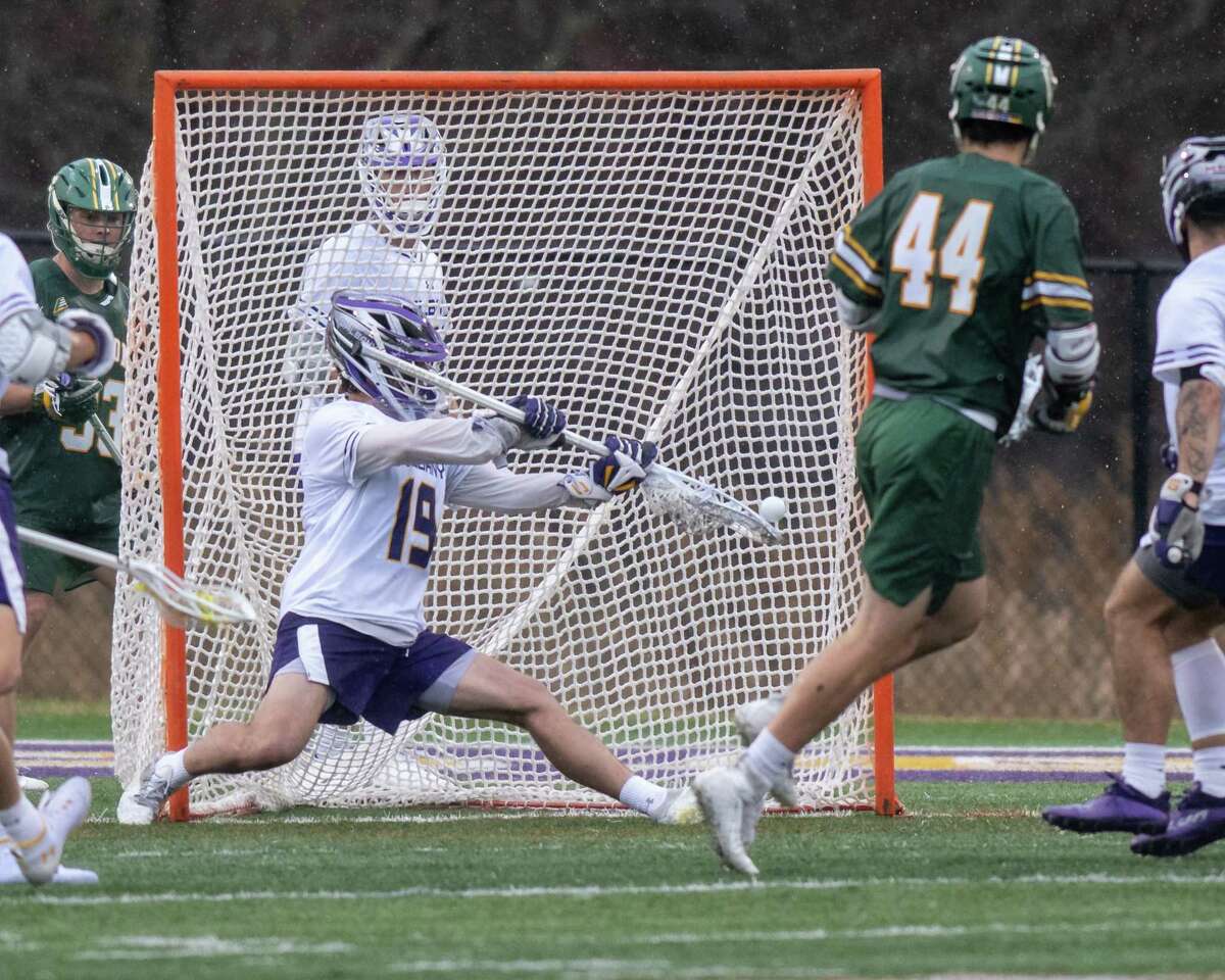 UAlbany goalie senior Will Ramos makes a save against the University of Vermont during an America East game against UAlbany at Casey Stadium on the UAlbany campus on Saturday, April 16, 2022. (Jim Franco/Special to the Times Union)