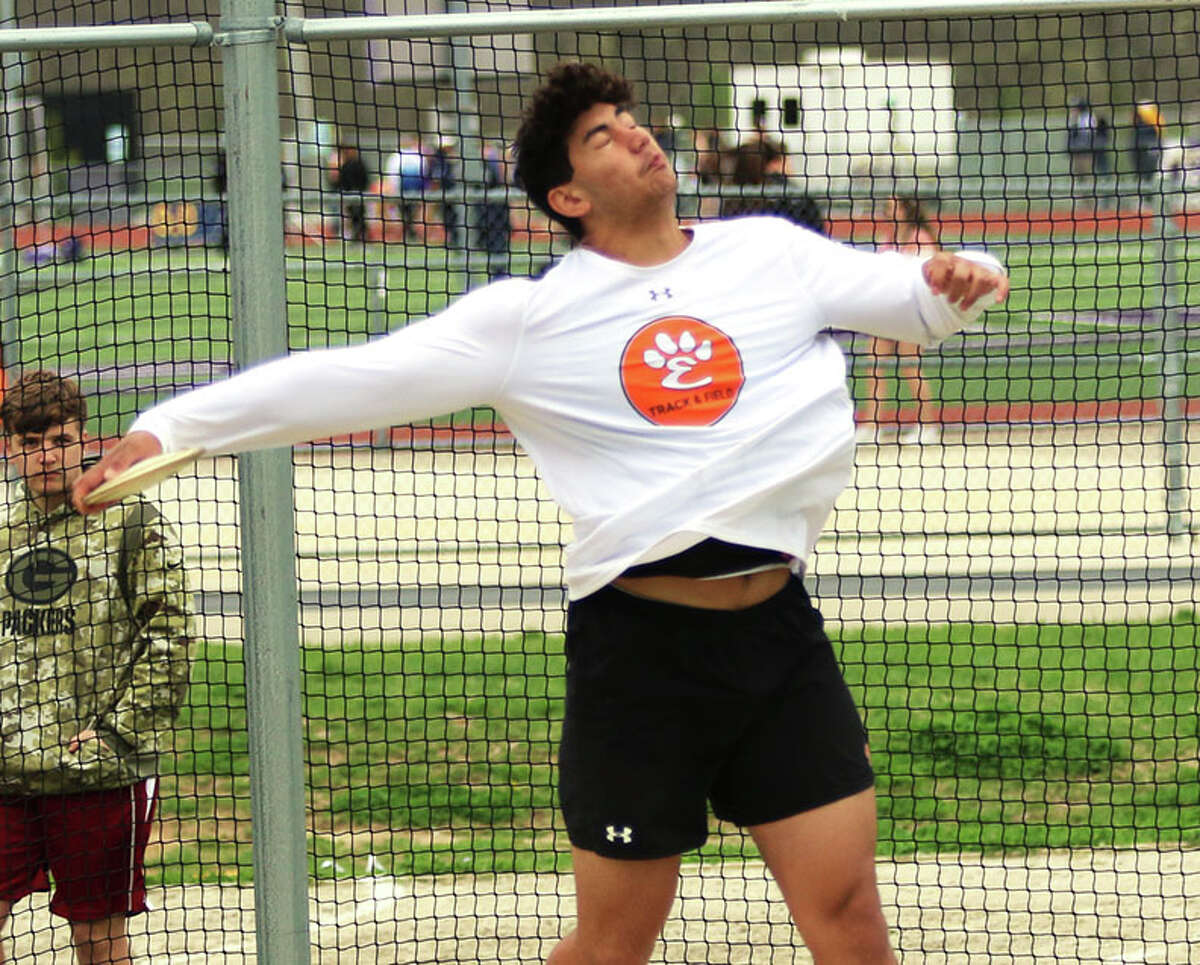 Edwardsville freshman Iose Epenesa competes in the discus on Saturday at the Military Classic boys track meet at Mascoutah. Epenesa won the event at 147-6 to break the Tigers' freshman record set by his older brother AJ Epenesa.