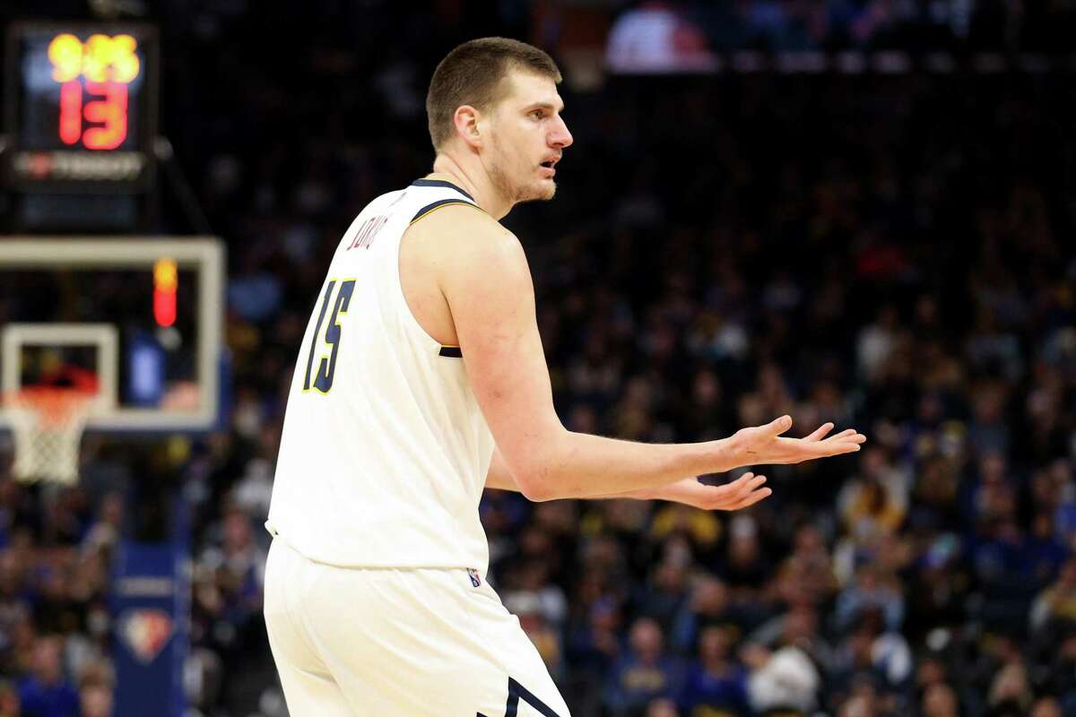 SAN FRANCISCO, CALIFORNIA - APRIL 16: Nikola Jokic #15 of the Denver Nuggets complains about a call against the Golden State Warriors in the second half during Game One of the Western Conference First Round NBA Playoffs at Chase Center on April 16, 2022 in San Francisco, California. NOTE TO USER: User expressly acknowledges and agrees that, by downloading and/or using this photograph, User is consenting to the terms and conditions of the Getty Images License Agreement. (Photo by Ezra Shaw/Getty Images)