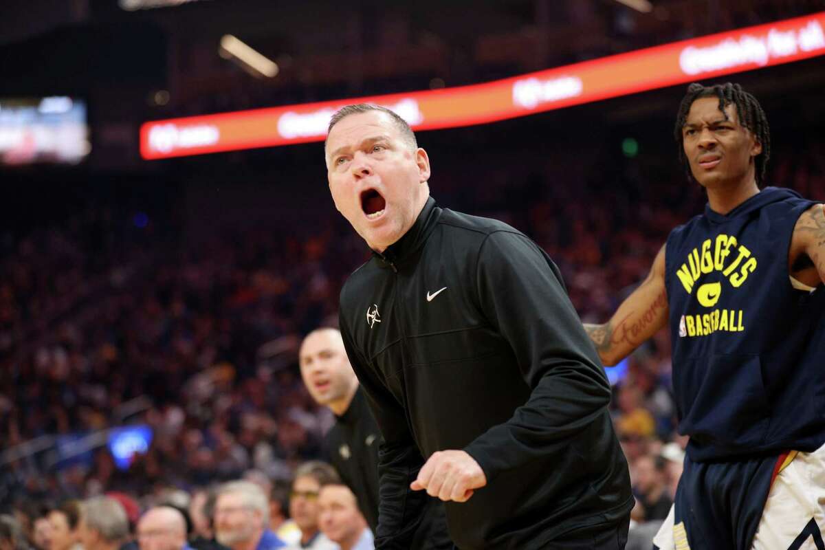 SAN FRANCISCO, CALIFORNIA - APRIL 16: Head coach Michael Malone of the Denver Nuggets complains about a call during their game against the Golden State Warriors during Game One of the Western Conference First Round NBA Playoffs at Chase Center on April 16, 2022 in San Francisco, California. NOTE TO USER: User expressly acknowledges and agrees that, by downloading and/or using this photograph, User is consenting to the terms and conditions of the Getty Images License Agreement. (Photo by Ezra Shaw/Getty Images)