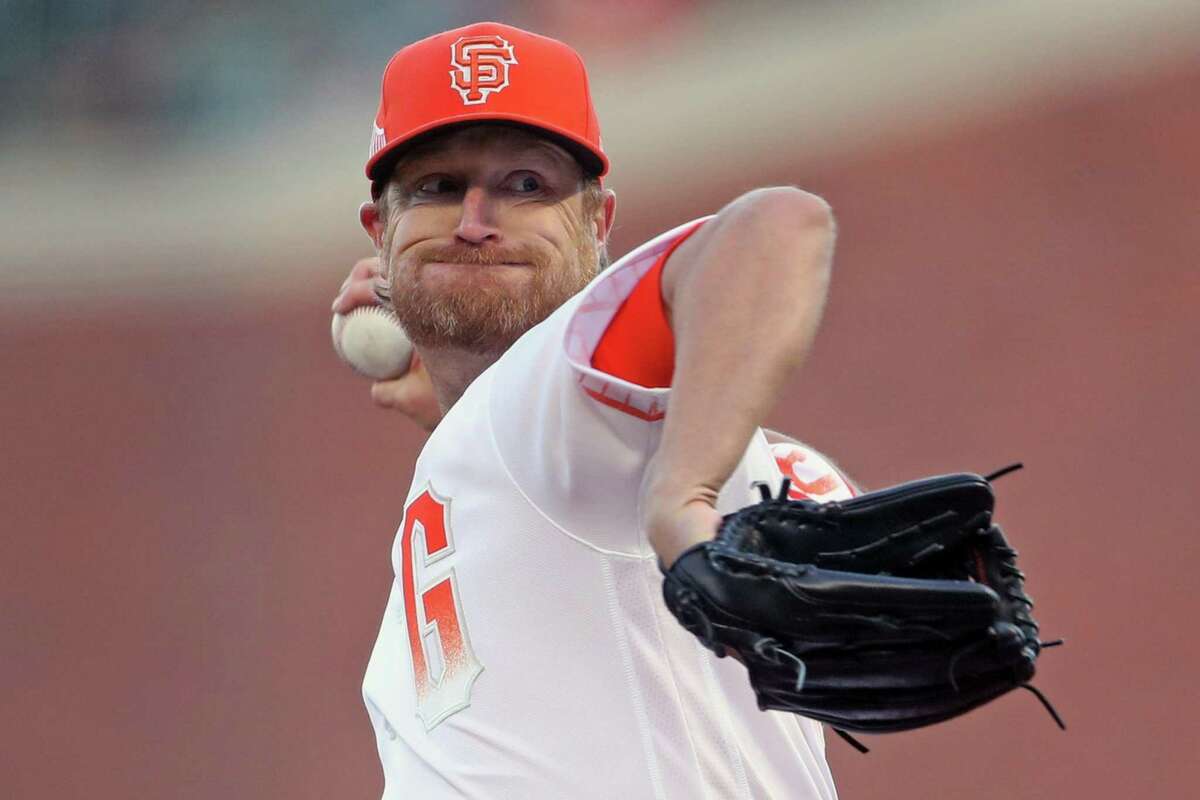 San Francisco Giants’ starting pitcher Alex Cobb delivers in 1st inning against San Diego Padres during MLB game at Oracle Park in San Francisco, Calif, on Tuesday, April 12, 2022.