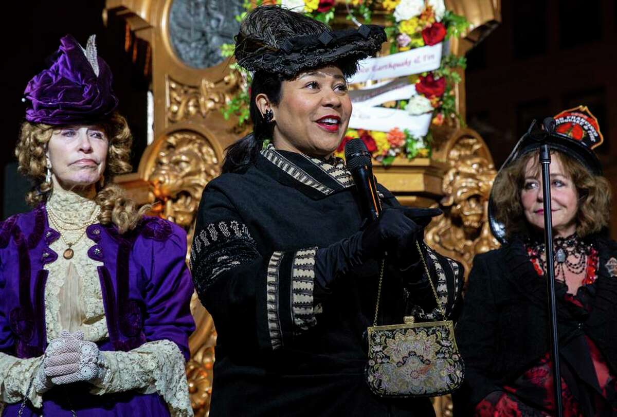 SF Mayor, London Breed, speaks during the 116th Annual 1906 San Francisco Great Earthquake and Fire wreath-laying and commemoration at Lotta's Fountain on Market Street in San Francisco, California. On Monday, April 18, 2022.