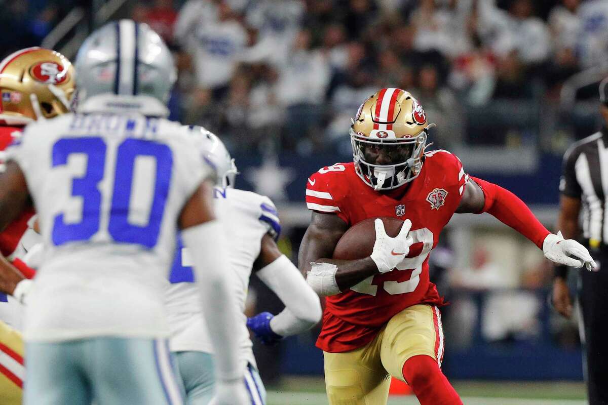 Deebo Samuel (19) of the San Francisco 49ers carries the ball after a reception against the Dallas Cowboys during the second quarter in the NFC wild-card playoff game at AT&T Stadium on Jan. 16, 2022, in Arlington, Texas. (Richard Rodriguez/Getty Images/TNS)