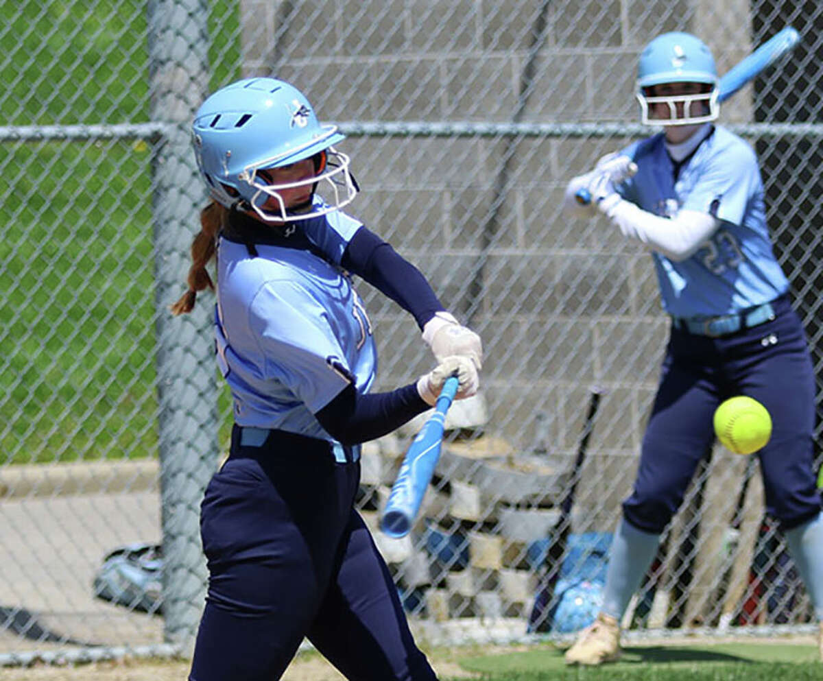 Jersey's Kari Krueger connects with a pitch against Gillespie on Saturday in Godfrey. Krueger is hitting .558 with 32 RBI and seven homers for the 9-5 Panthers.