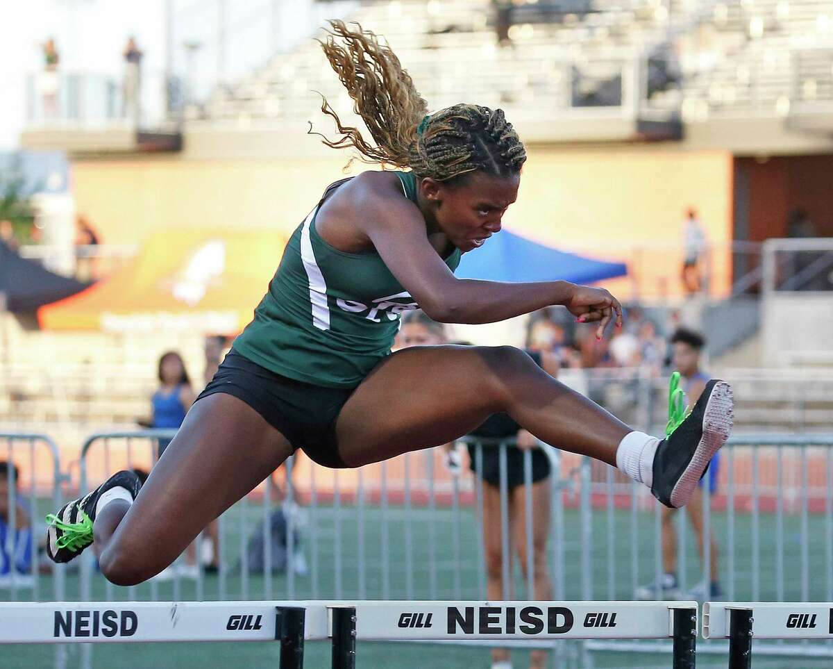 Reagan Taylen Wise winning the Women 300 Meter Hurdles. District 28-6A track finals on Wednesday, April 13, 2022 at Heroes Stadium.