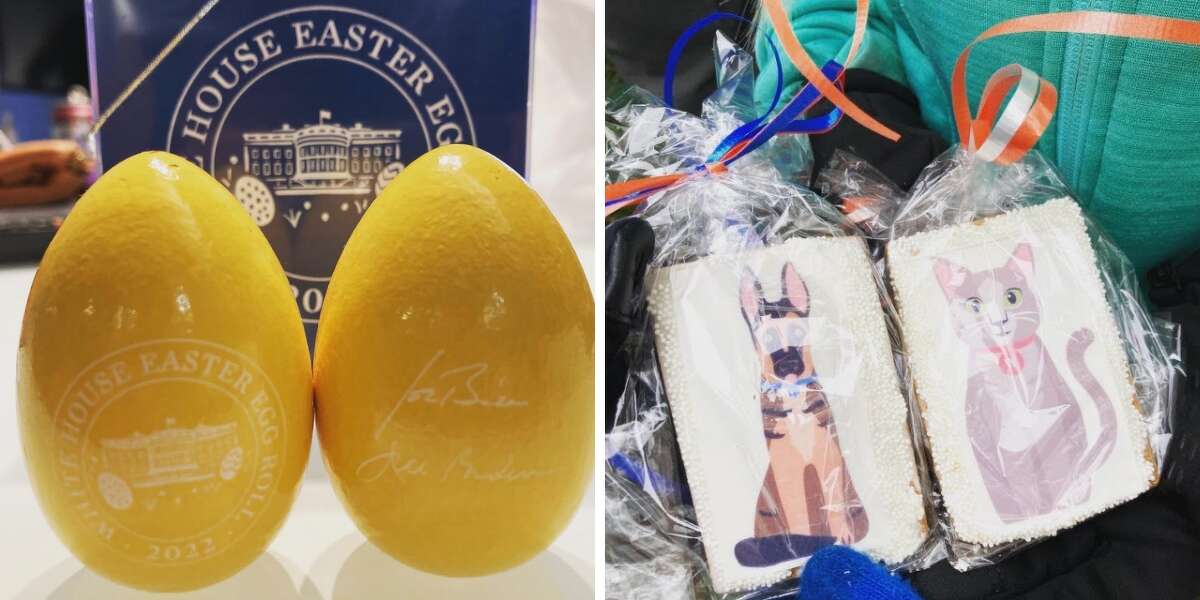 Sunny Bryant, 9, and her family were invited to the President Joe Biden's first White House Easter Egg Roll Monday, a famed tradition on the South Lawn that has returned after a two-year hiatus. Sunny of Houston, has been outspoken advocating for trans kids like herself, who have been targeted by Texas legislation. Pictured is some of the White House swag and goodies from the famed Easter Egg Roll tradition.