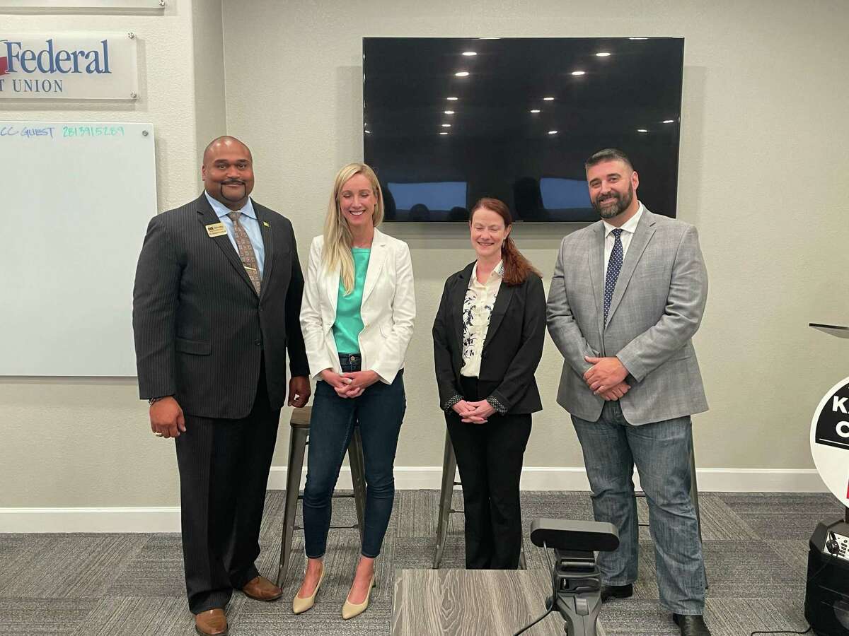 From left, Robert Long from Raise Your Hand Texas stands with Katy ISD board of trustees Position 2 candidates Bonnie Anderson, Patricia Haggard and Lance Redmon on on April 7, 2022 at the Katy Area Chamber of Commerce.