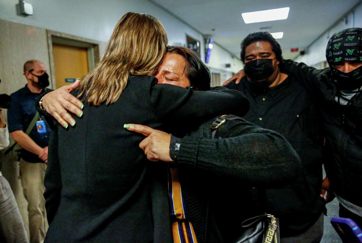 Yojana Paiz (right) embraces Lara Bazelon, chair of the San Francisco Innocence Commission, after a court hearing in which Paiz’s former partner, Joaquin Ciria, had his 30-year-old murder conviction overturned.