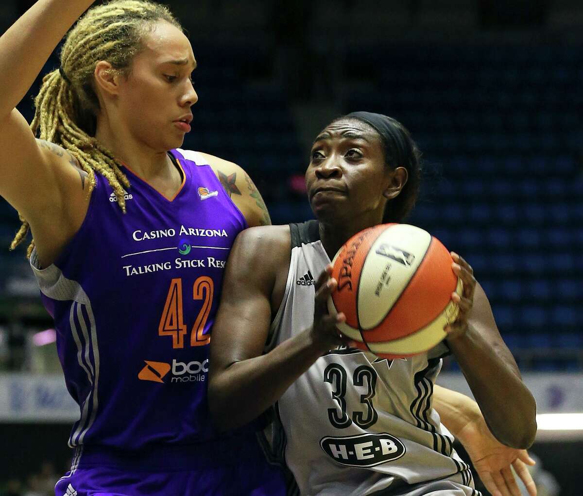 Sophia Young-Malcolm challenges Brittney Griner under the hoop as the Stars host the Phoenix Mercury at Freeman Coliseum on September 5, 2015.