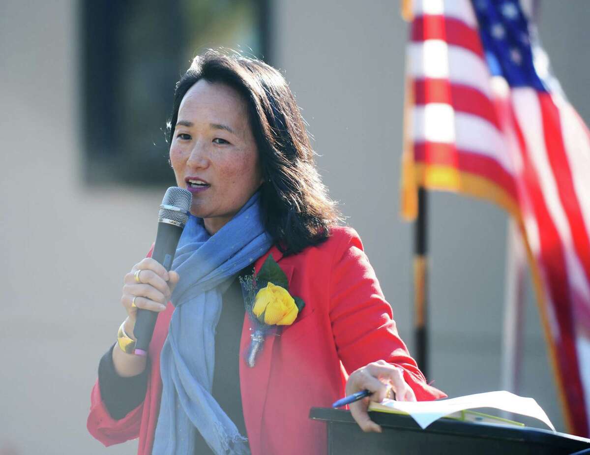 State Rep. Kimberly Fiorello, R-Greenwich, speaking at the Veterans Day celebration at Toquam Magnet Elementary School in Stamford last November. She is running for a second term in the legislature.