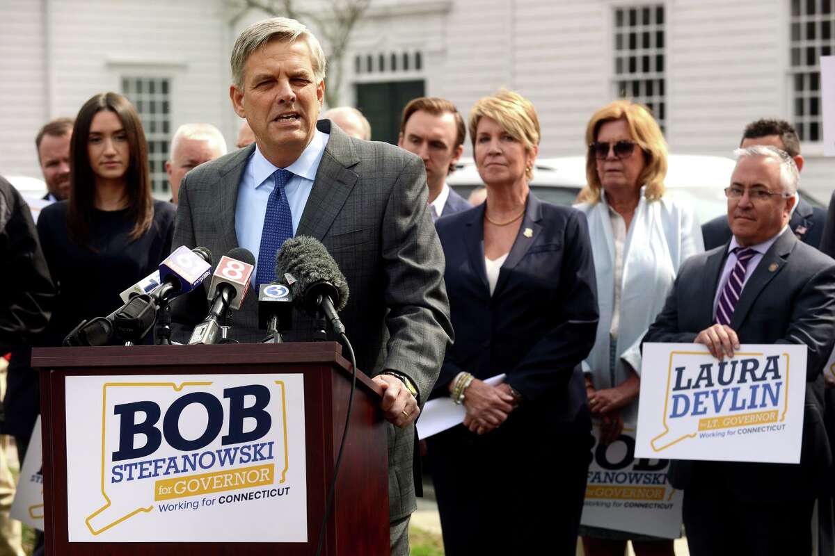 Bob Stefanowski, Republican candidate for Governor, speaks during a news conference in front of Old Town Hall, in Fairfield, Conn. April 5, 2022.