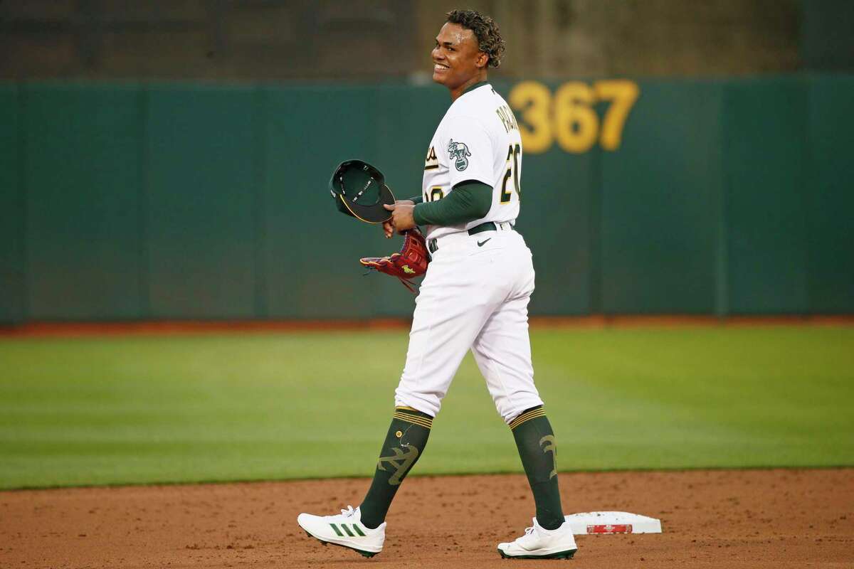 Oakland Athletics center fielder Cristian Pache (20) in the second inning of the A’s Opening Day MLB game against the Baltimore Orioles at RingCentral Coliseum, Monday, April 18, 2022, in Oakland, Calif.