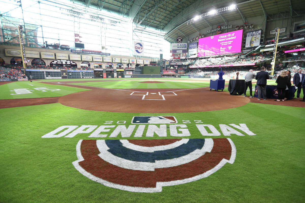The Opening Day logo on the field before the start of the Astros home opener MLB baseball game at Minute Maid Park on Monday, April 18, 2022 in Houston.