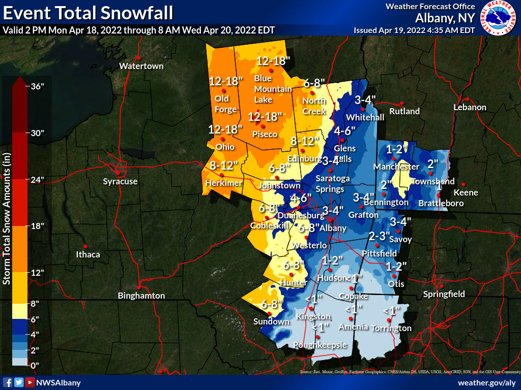 Snow forecast map for April 18-19, 2022.