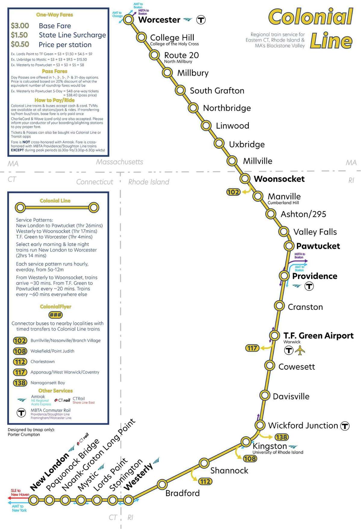Porter Crumpton designed a fantasy local rail line from New London to Worcester, Mass., hitting many stops in between.