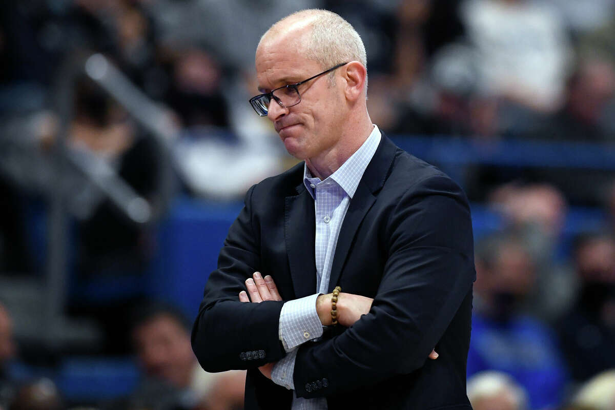 Connecticut head coach Dan Hurley reacts in the second half of an NCAA college basketball game against Providence, Saturday, Dec. 18, 2021, in Hartford, Conn. (AP Photo/Jessica Hill)