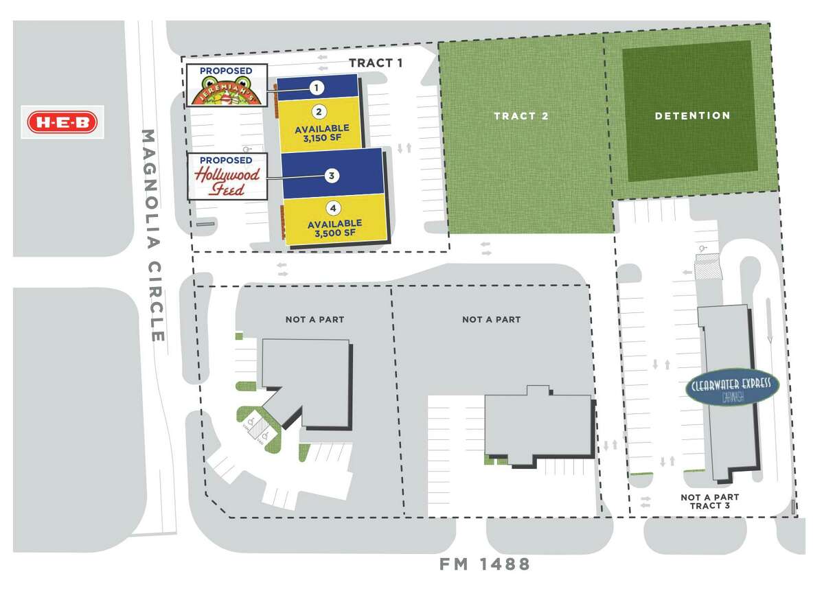 An outline shows plans for The Shoppes at Magnolia Circle, a future mix-use development along FM 1488.
