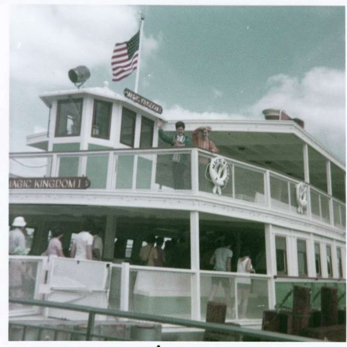 Images for Paulson column 4/19/22: Kevin Fisher-Paulson, age 13, and his mother, Nurse Vivian, aboard a steamboat in Disneyworld; and Fisher-Paulson and members of his extended family at a 90th birthday celebration in Florida for his father Hap, seated at center,