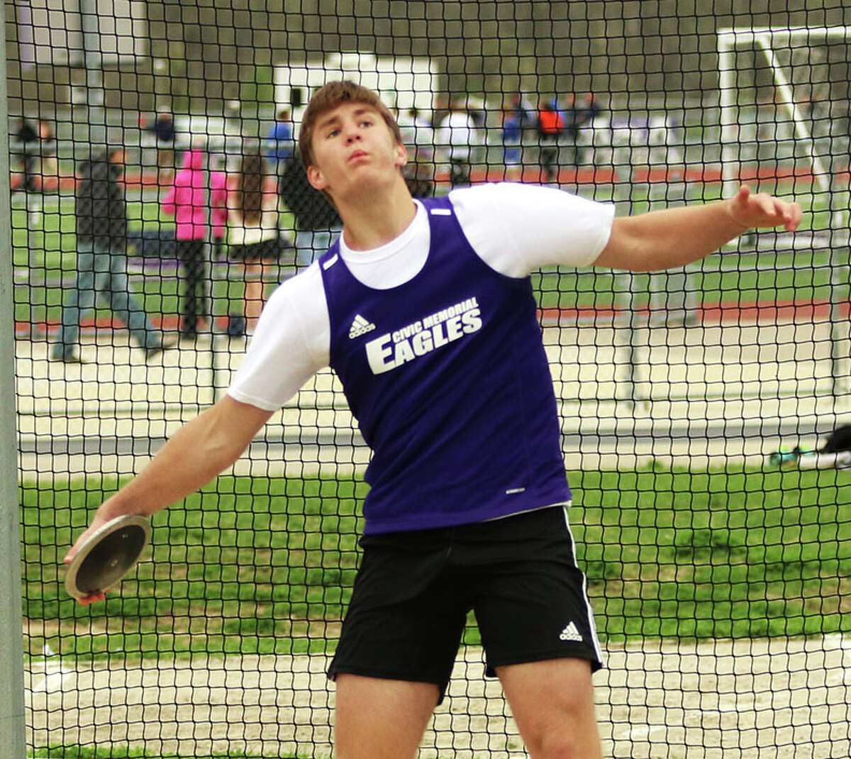 CM's Melvin Hodge, shown throwing the discus in Friday's Military Classic at Mascoutah, came back Monday to win the shot put and place second in the discus at the Roxana Relays.