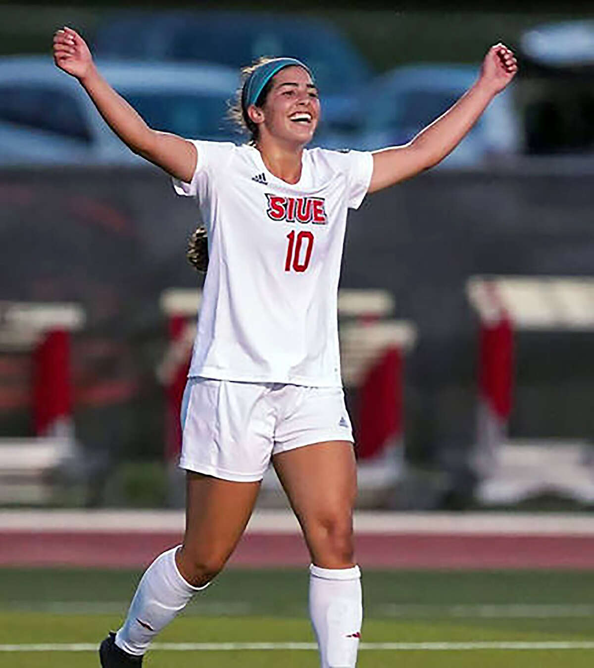 SIUE's Maria Haro has scored in three of the Cougars' four spring games. She is shown celebrating a goal against SIU Carbondale last season.