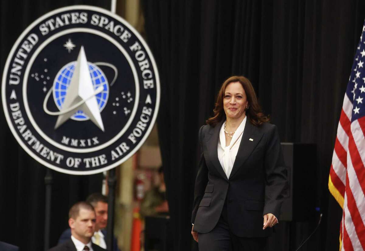 U.S. Vice President Kamala Harris walks to deliver remarks at Vandenberg Space Force Base on April 18, 2022 in Lompoc, California. Harris delivered the remarks after meeting with members of the U.S. Space Force and U.S. Space Command as part of her duties as chair of the National Space Council. (Photo by Mario Tama/Getty Images)