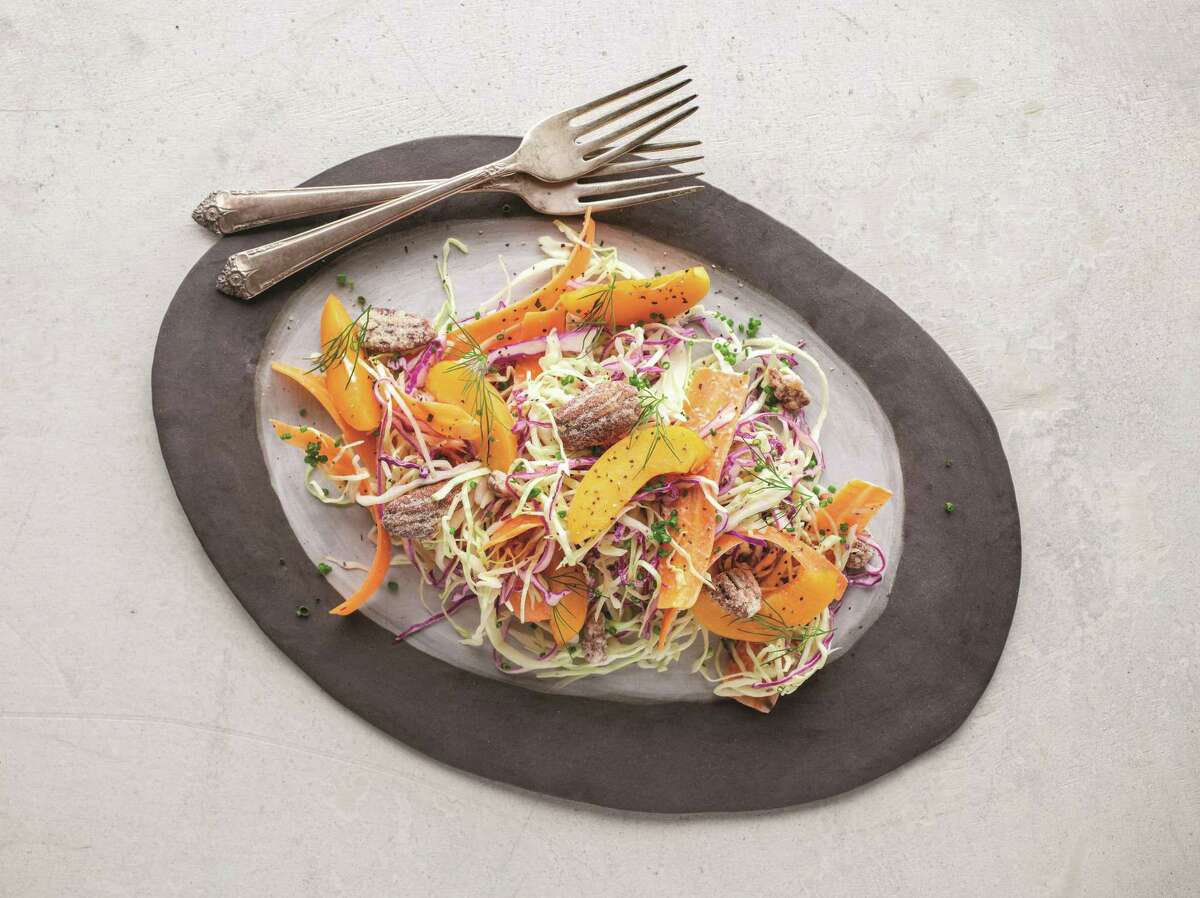 Cabbage, Peach and Pecan Slaw, a recipe from "How Good Food Works from Seed to Plate," a new cookbook from the Nourish program at UTHealth School of Public Health - Houston.