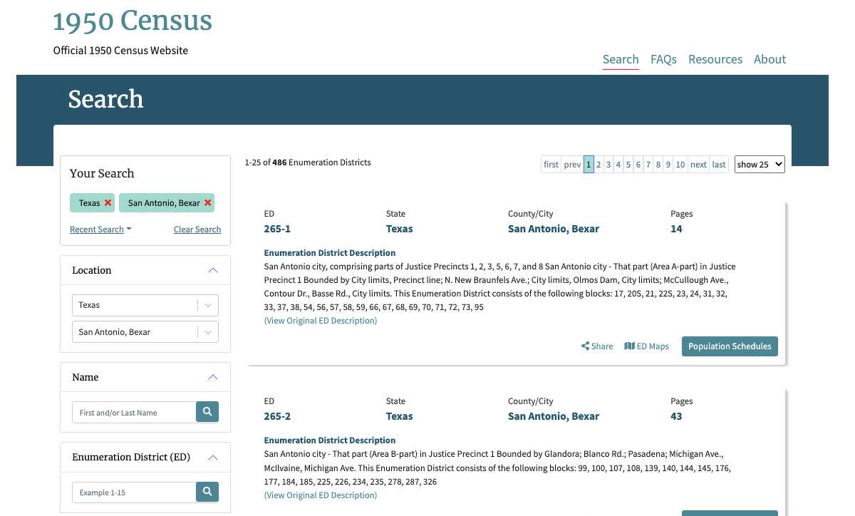 Screenshot of census records